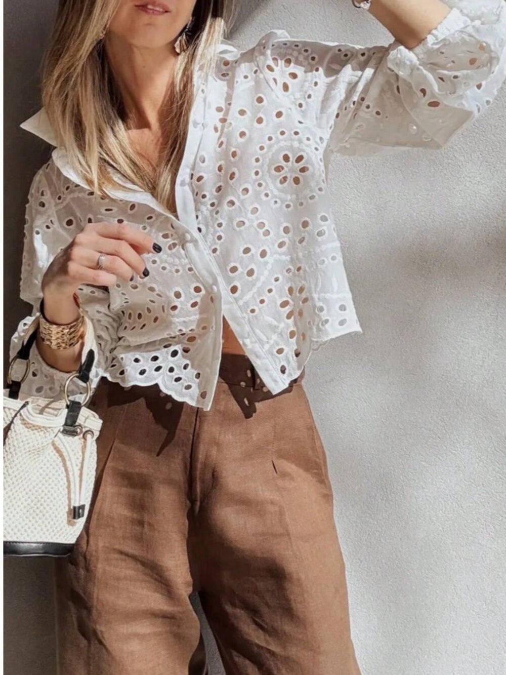 White Boho Women's Single-Breasted Embroidered Hollow Casual Vacation Shirt - Picture 3 of 8